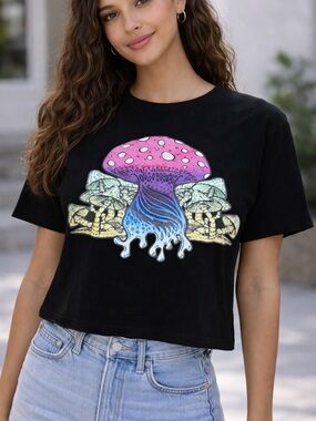 Black Crop Tee with Pink & Blue Mushroom Graphic